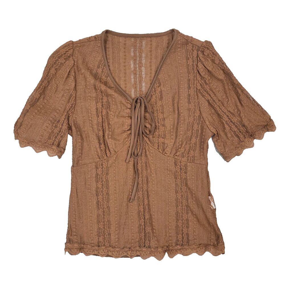 Y2K Brown Lace Babydoll Top M Whimsical Fairy Grunge Dainty Coquette Cottage